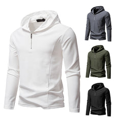 Half Zipper Design Casual Long Sleeve Solid Color Hooded T-shirt