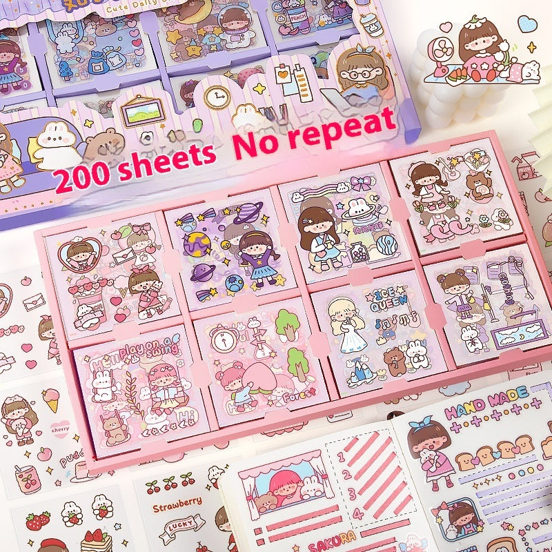 Waterproof cartoon stickers pack 200 pcs – cute PET seamless design front view