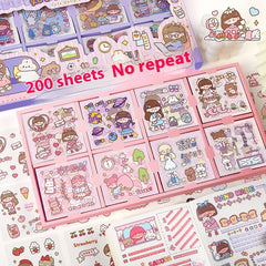 Waterproof cartoon stickers pack 200 pcs – cute PET seamless design front view