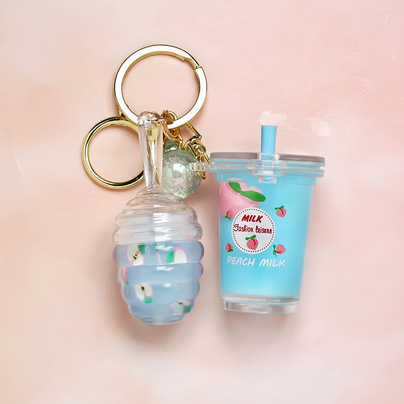 Peach Floating Milky White Teacup Lip Gloss Pendant Key Ring