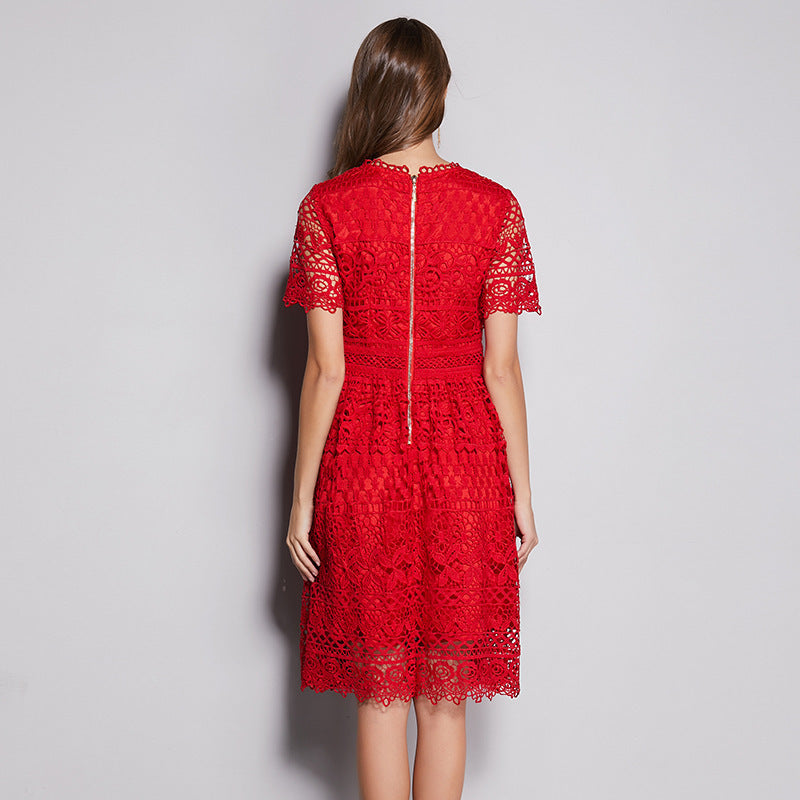 Small Fragrance Round Neck Heavy Industry Water-soluble Hollow Large Size Dress