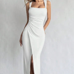 Women's New Fashionable Commuting Solid Color Sleeveless Generous Collar Slit Slim Fit Sexy Dress