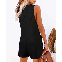 Women's Button Front Romper Jumpsuit With Pockets Casual Solid Color Sleeveless Summer Jumpsuit