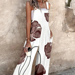 Floral Print Adjustable Strap Pocket Design Wide Leg Suspender Jumpsuit