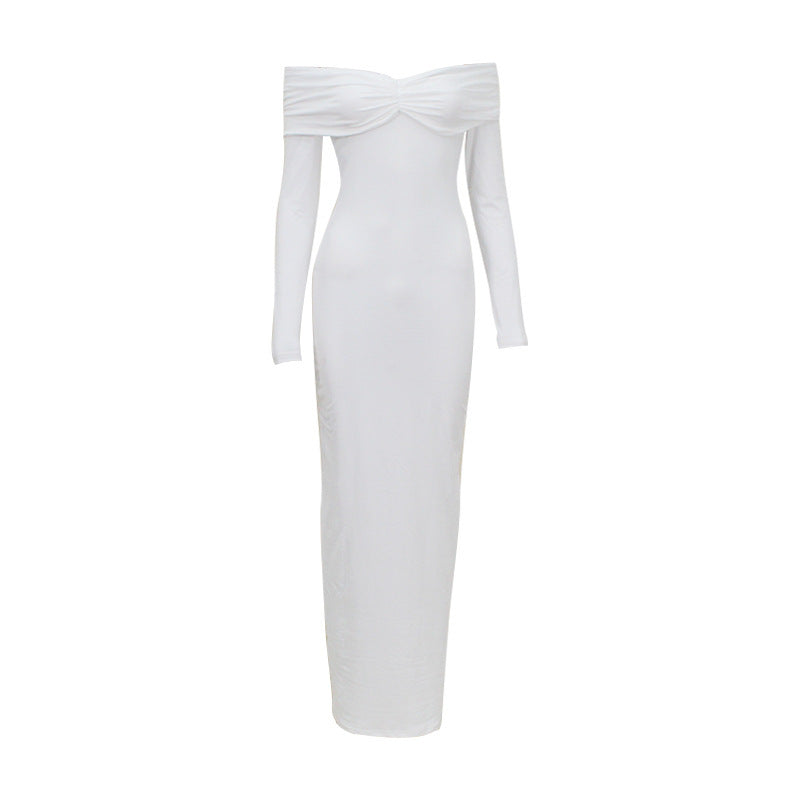 European And American Solid Color French Style Off-shoulder Tube Top Long Sleeve Dress Women