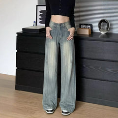 High Waist Striped Blue Loose Wide Leg Jeans Women Draped Pants