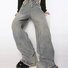 American High Waist Straight Wash Made Old Jeans Women