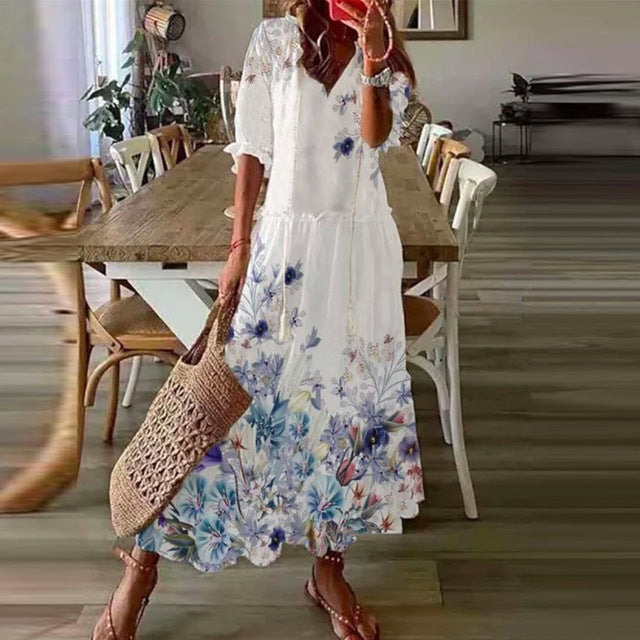 Long Sleeve Loose Bohemian Printed V-neck Maxi Dress