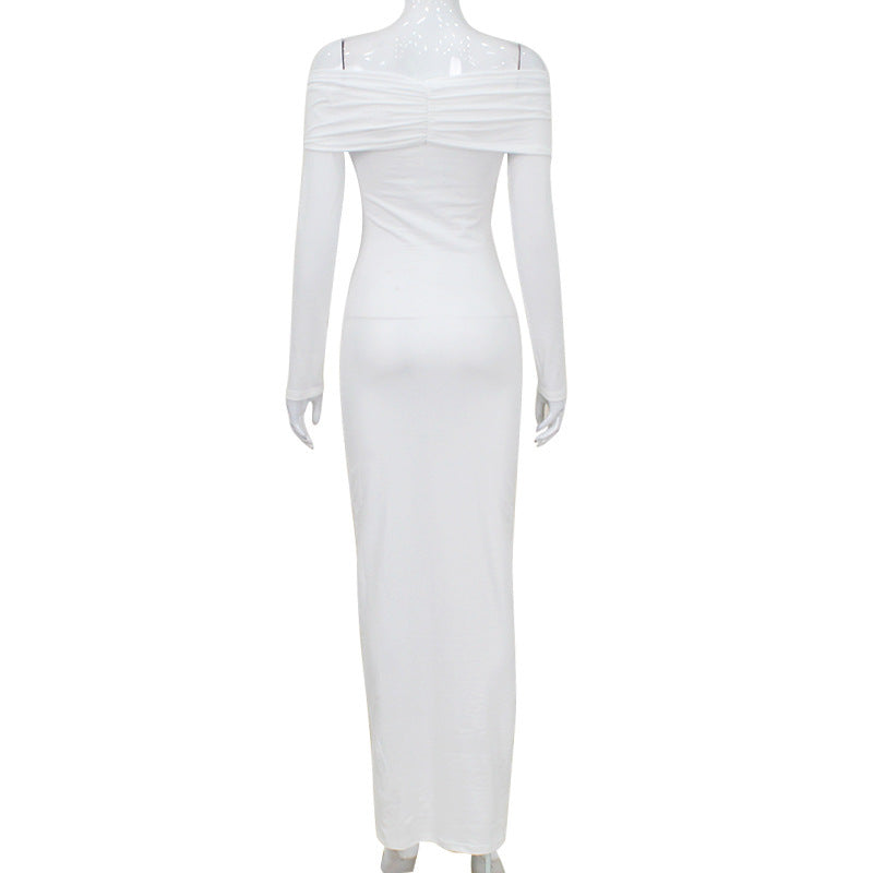 European And American Solid Color French Style Off-shoulder Tube Top Long Sleeve Dress Women