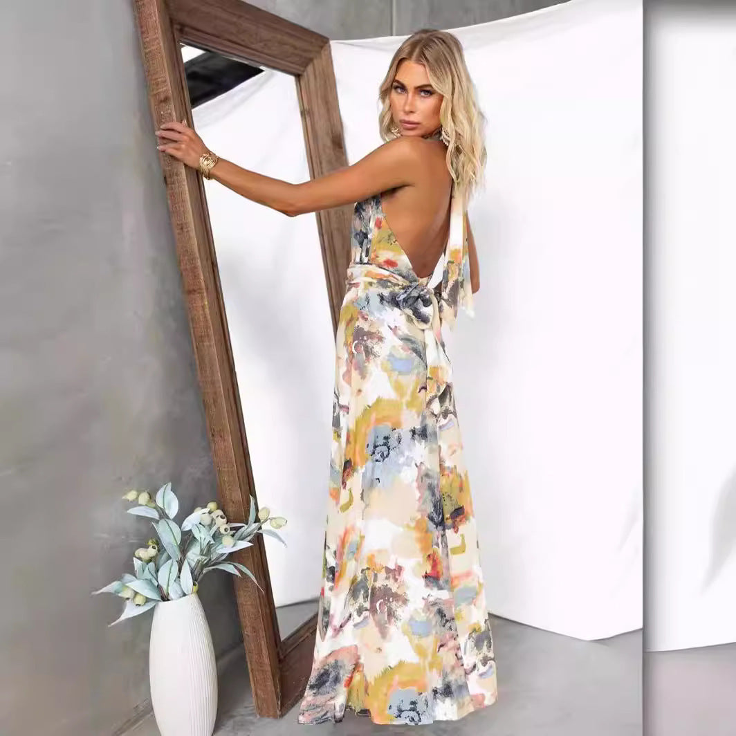 Printed Tied V-neck Waist-tight A- Line Dress