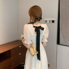 French Square Neck Puff Sleeve Polka Dot Dress
