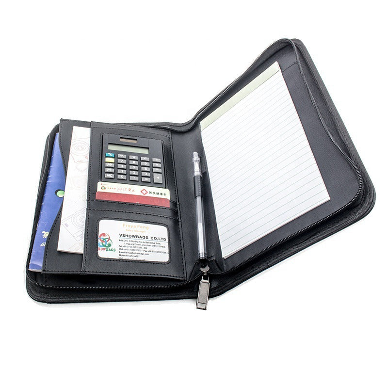 A5 leather folder organizer with calculator – interior compartments view
