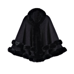 Oversized Knitted Cape Outer Shawl Artificial Fur Collar Hooded Warm Jacket