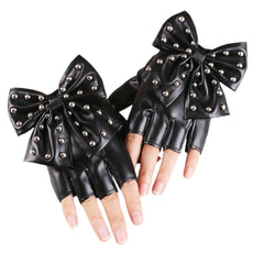 Rivet Bowknot Faux Leather PU Fashion Half Finger Gloves