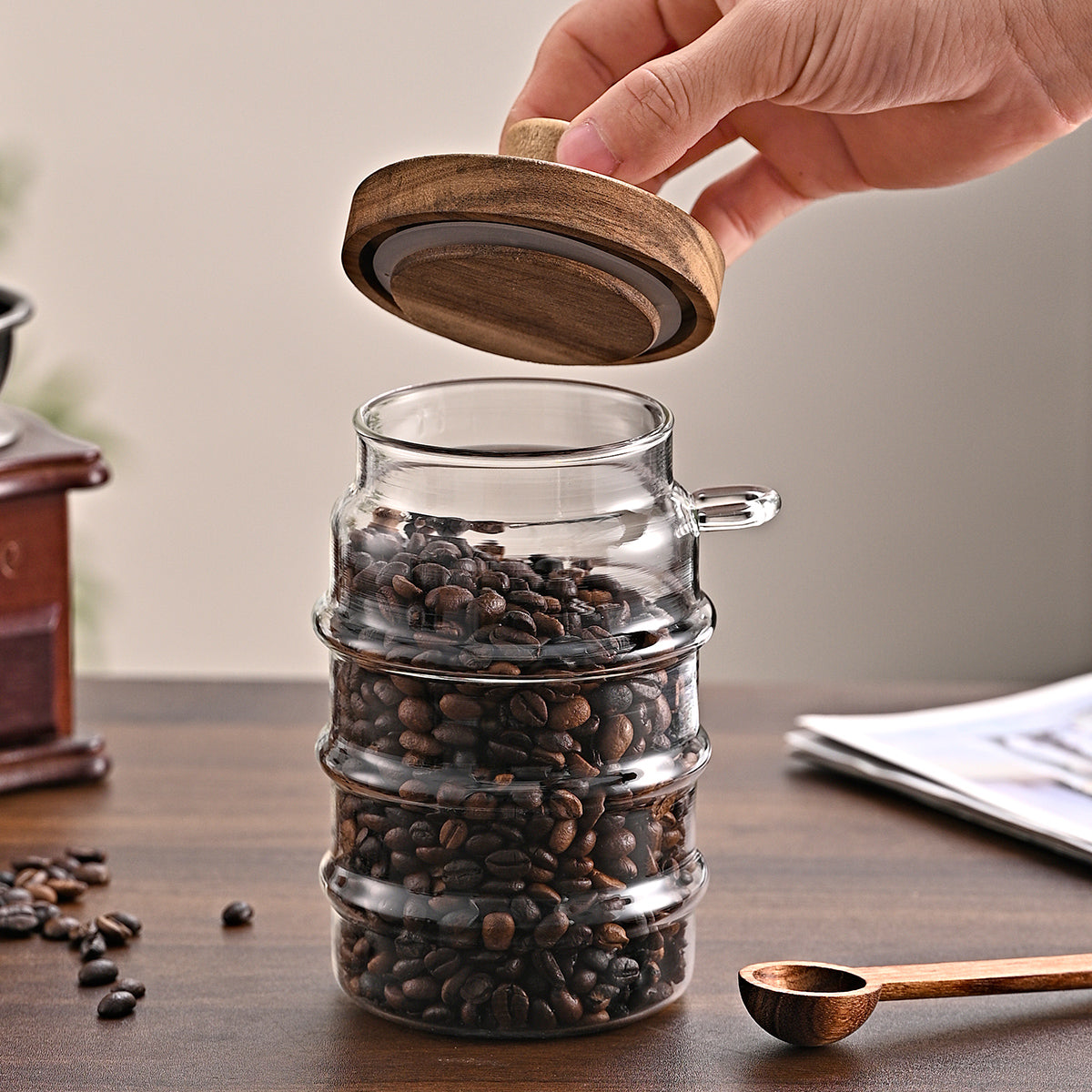 Glass storage jar with spoon – kitchen counter pantry shelf display