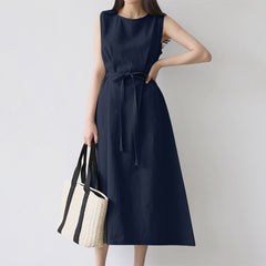 Women's Sleeveless Round Neck Solid Color Cotton And Linen Dress