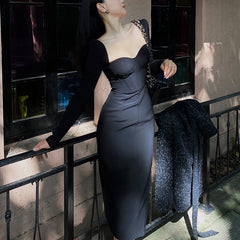 Black Square Neck Long Sleeve Bottoming Dress