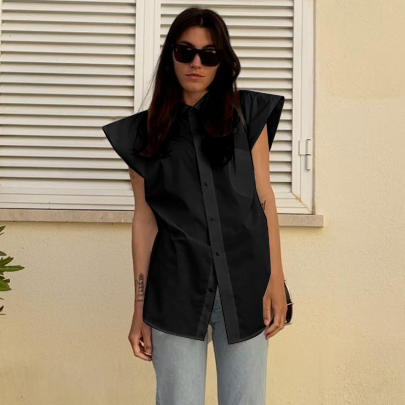 Slim Fit Sleeveless Shirt With Wide Padded Shoulder Pockets