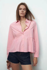 Lapel Collar Long-sleeved Layered Embellished Poplin Shirt