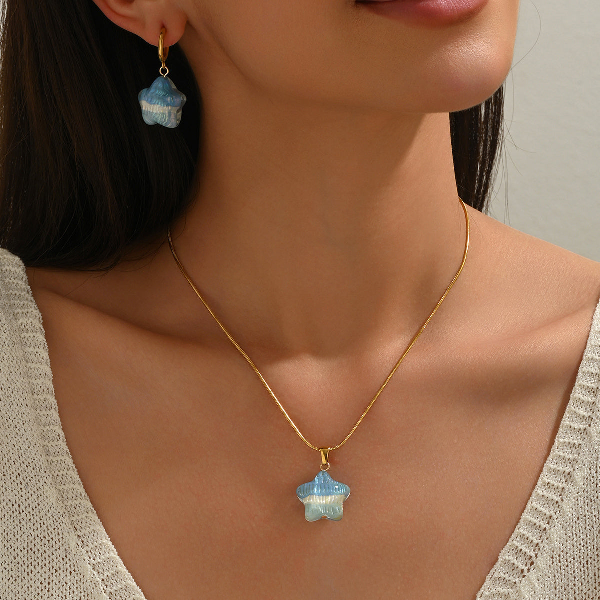 Lxalry 18K Gold Plated Stainless Steel Star Pendant Necklace & Earrings Set - Cute Iridescent Blue Charm, Waterproof, Hypoallergenic, Ideal Gift For Birthday, Summer, Girls, Daily Wear & Parties
