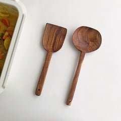 Teak wood cooking spatula kitchen utensil – shovel spoon set front view