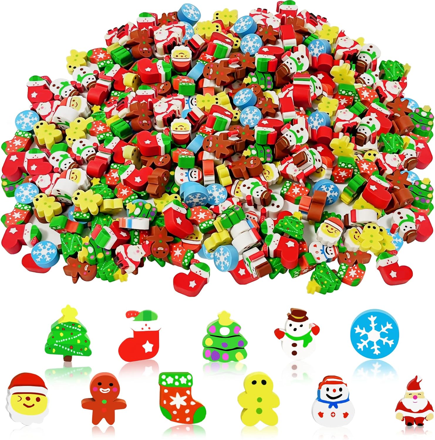 Christmas mini erasers bulk for kids – 150 pcs 3D animal set front view