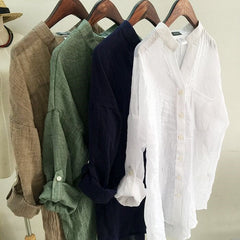 Sun Protection Japanese Fresh Loose Cotton And Linen Stand Collar Shirt