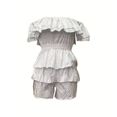 Womens Sexy Off Shoulder Rompers Summer Ruffle Short Sleeve Tiered Short Jumpsuits