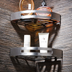 Stainless steel bathroom corner shelf – single double layer silver front view