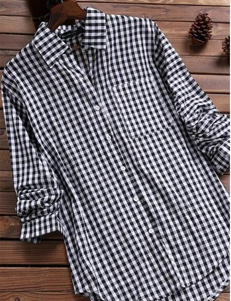 New Style Plaid Lapel Long-sleeved Retro Shirt Button