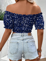 Women Vacation Style Casual Off-Shoulder Elastic Cropped Top With Floral Print