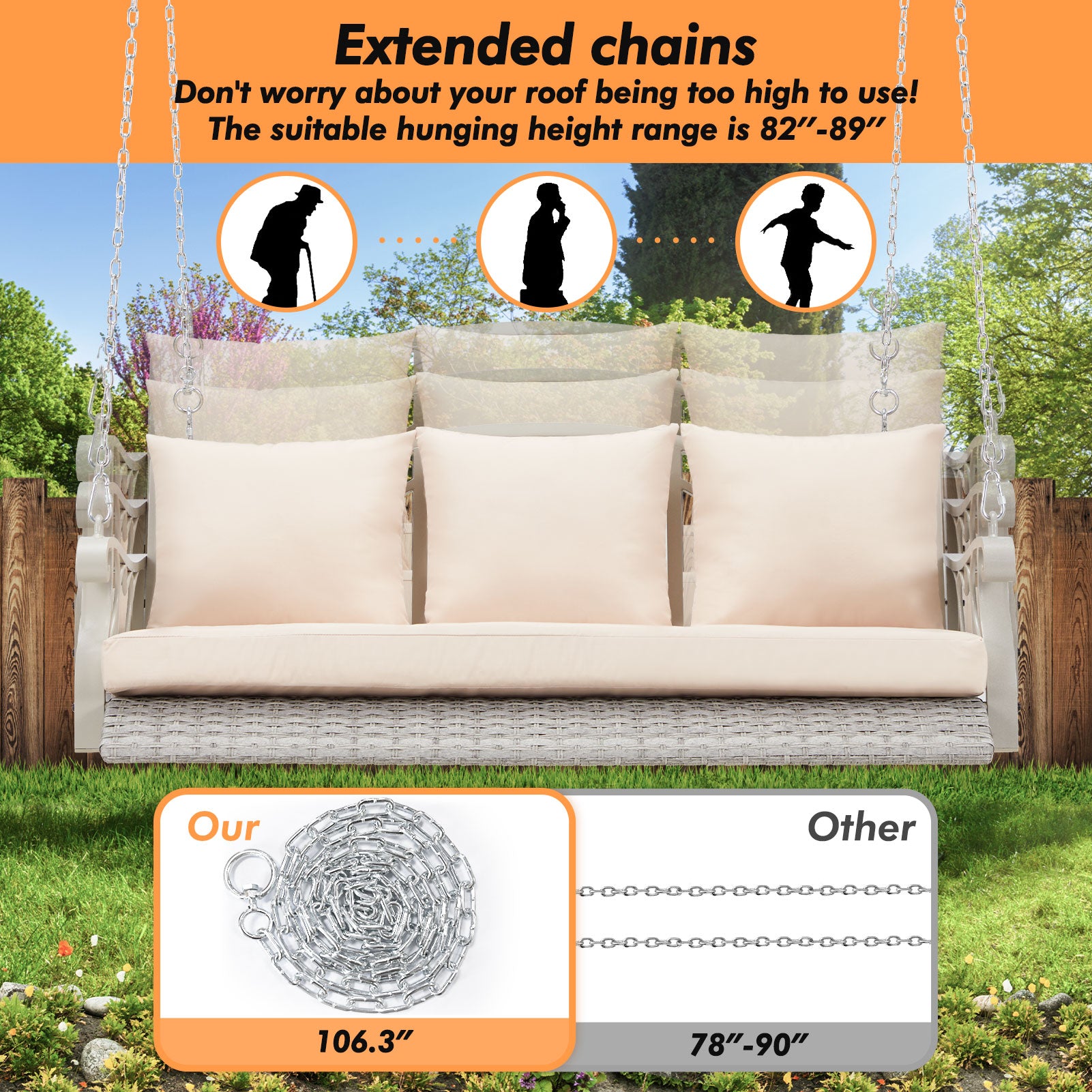 Outdoor porch swing with cushions – reinforced metal frame structure