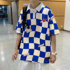 American Retro Square Plaid Color Matching POLO Collar Short Sleeve T-shirt