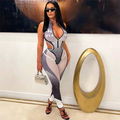 Hollow Printed Jumpsuit Mesh Stitching Casual Trousers Suit