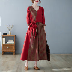 Long Sleeve V-neck Stitching Cotton And Linen Plus Size Slimming Dress Women