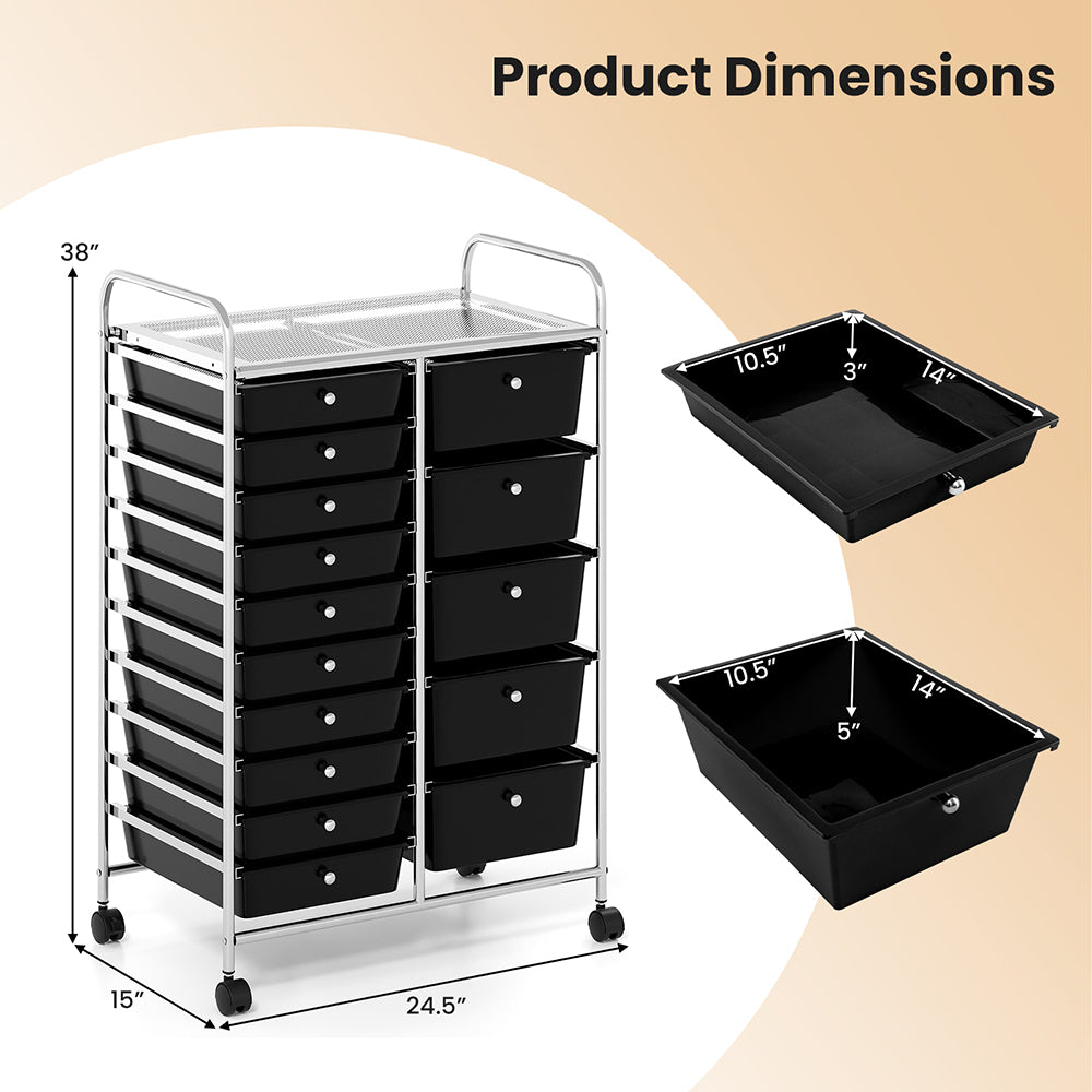 15 drawer rolling storage cart – lockable universal wheels close-up