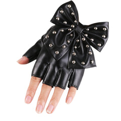 Rivet Bowknot Faux Leather PU Fashion Half Finger Gloves