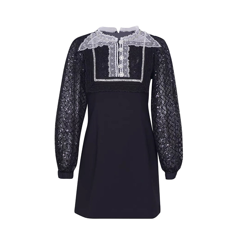 Mesh Lace Rhinestone Slim Puff Sleeve Dress