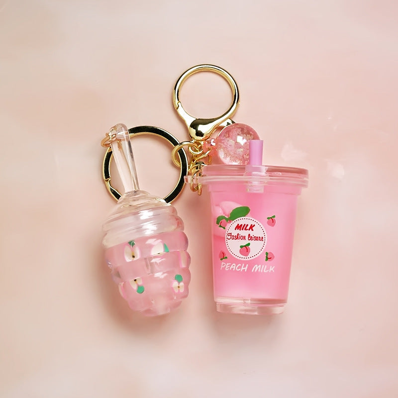 Peach Floating Milky White Teacup Lip Gloss Pendant Key Ring