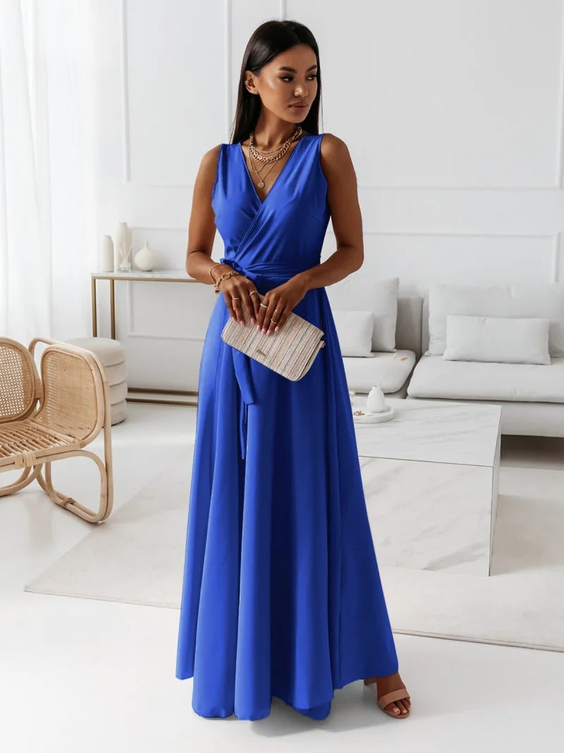 V-neck Sleeveless Dress With Belt Summer Fashion Party Club Evening Maxi Dresses For Women Clothing