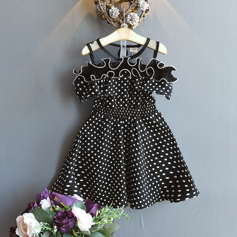 Round Neck Off-the-shoulder Polka-dot Fungus-trimmed Midi Dress