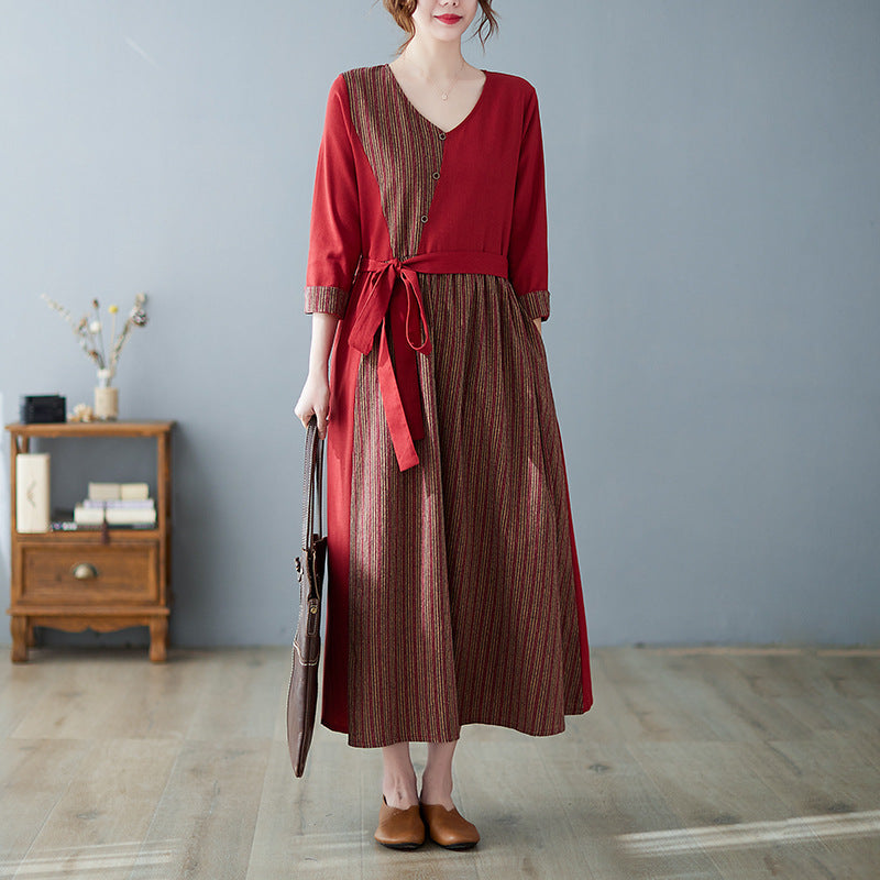 Long Sleeve V-neck Stitching Cotton And Linen Plus Size Slimming Dress Women