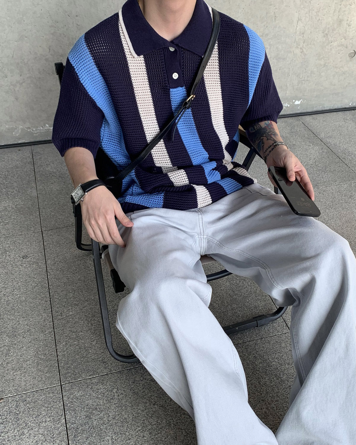 Hollow-out Vertical Stripes Color Matching Knitted Polo Shirt