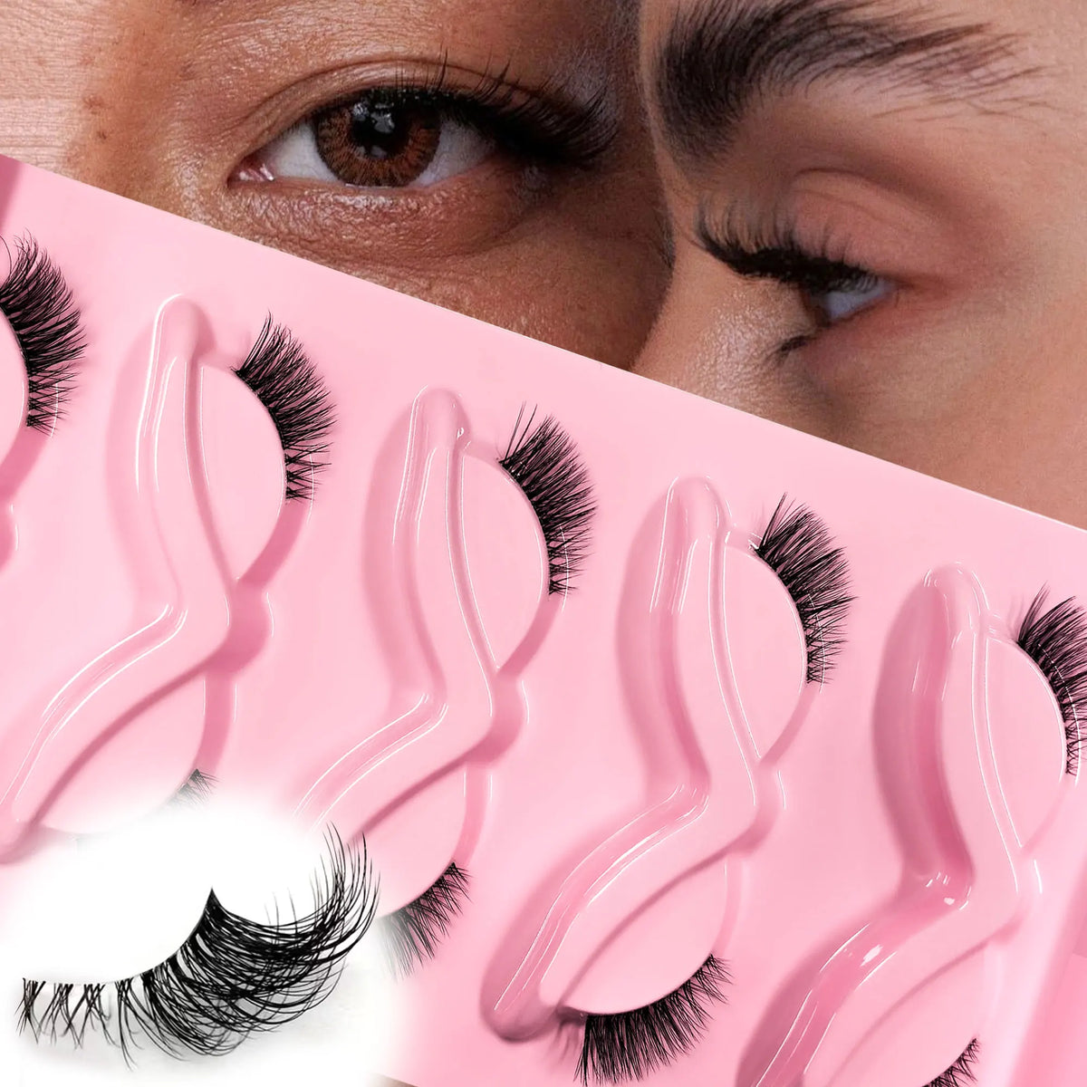 Natural-looking false eyelashes, 5 pairs of 3 D lashes, short and cute cat-eye design.