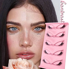 Natural-looking false eyelashes, 5 pairs of 3 D lashes, short and cute cat-eye design.