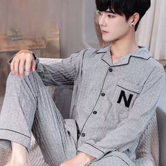 Mens Pajama Sets Home Suit Modern Style Man Sleepwear 2 Pieces Lounge Sleeping Wear Tops + Pants Plaid Long Sleeve PJ Set