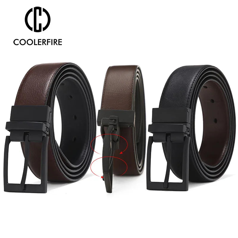 Mens Genuine Leather Belt Reversible Business Buckle