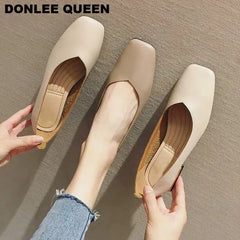 New Spring Flats Shoes Women Wooden Low Heel Ballet Square Toe Shallow Brand Shoe Slip On Loafer Soft Ballerina zapatos de mujer