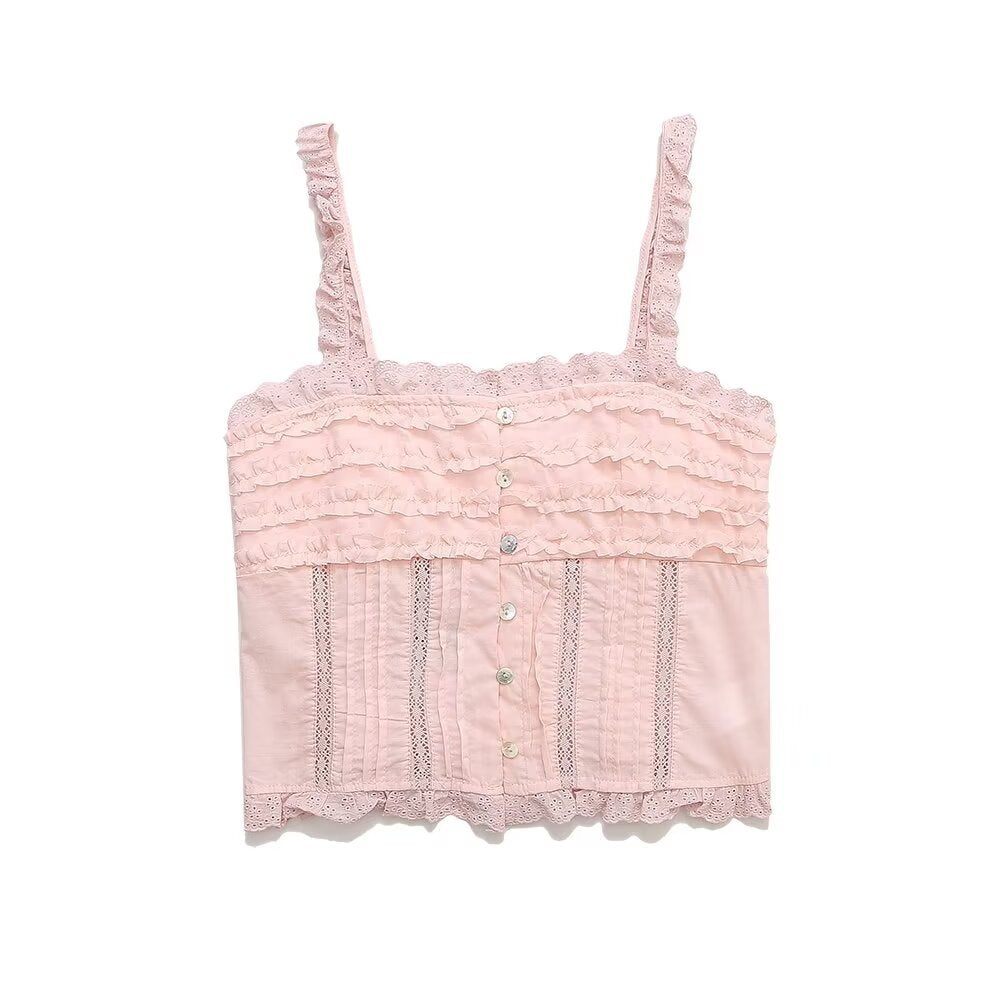 All-match Embroidered Ruffled Camisole Straight Collar Vest