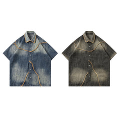 Worn Looking Washed-out Gradient Design Sense Denim Short Sleeve Shirt Men